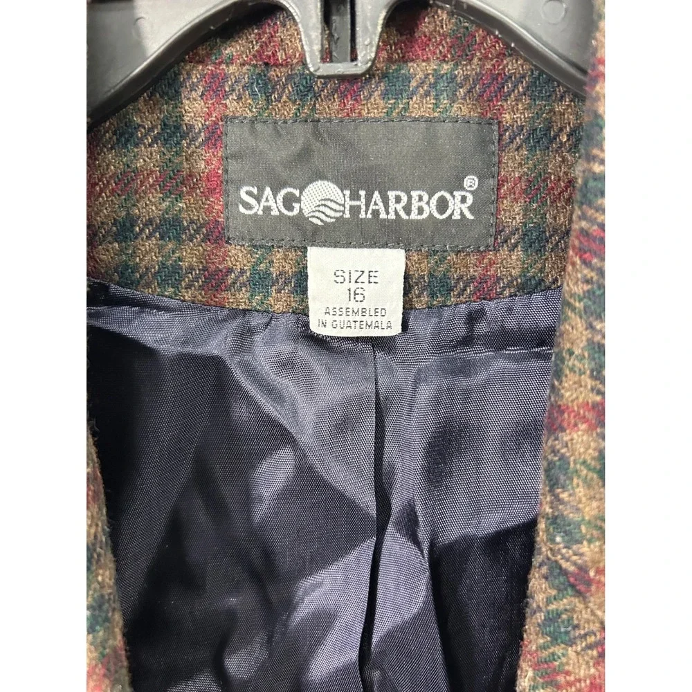 Sag Harbor Vintage Plaid‎ Blazer Burgundy Green Navy Blue Size 16 Jacket Lined